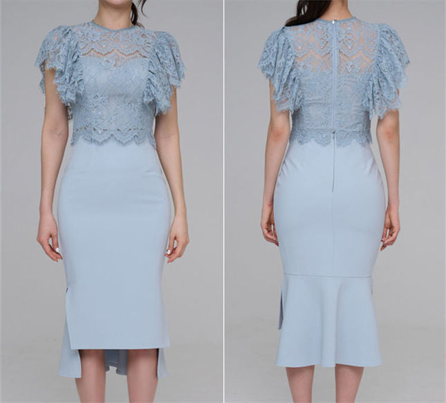 CM-SF032304 Women Elegant Seoul Style Flouncing Lace Blouse With Fishtail Slim Dress - Set