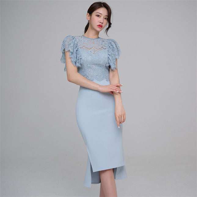 CM-SF032304 Women Elegant Seoul Style Flouncing Lace Blouse With Fishtail Slim Dress - Set