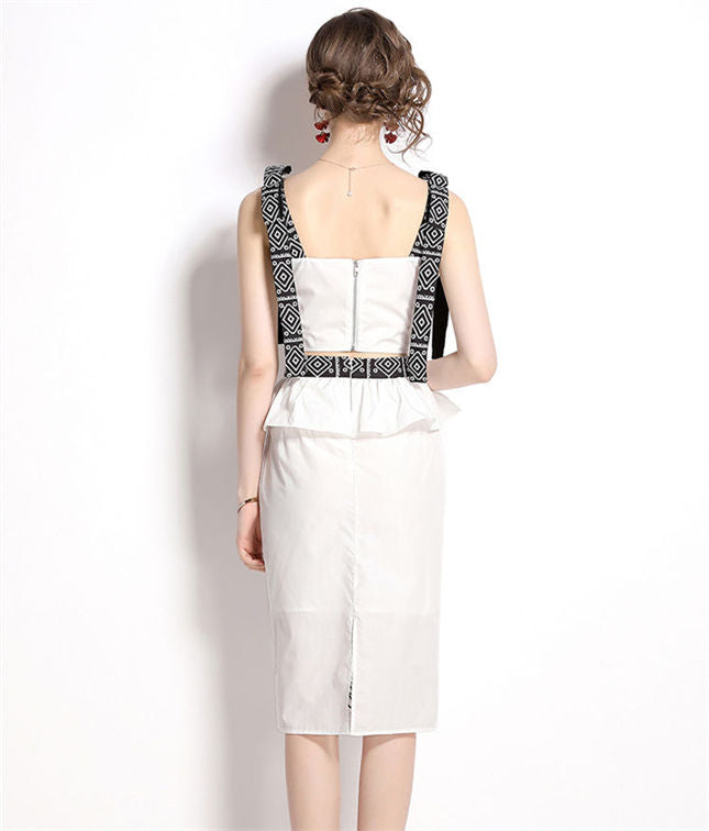 CM-SF032505 Women Elegant European Style Straps Short Camisole With Embroidery Skirt - Set