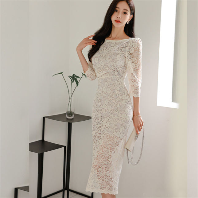 CM-DF032908 Women Elegant Seoul Style High Waist Lace Floral Slim Long Dress - White