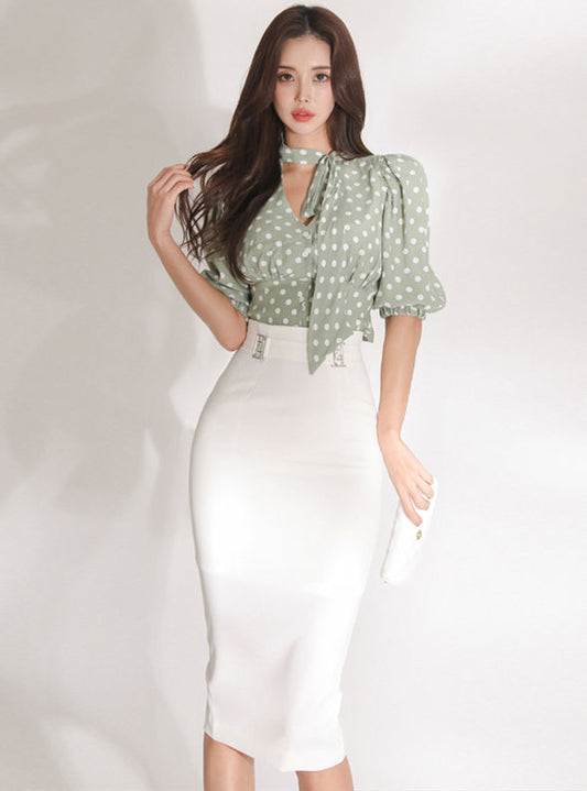 CM-SF040603 Women Elegant Seoul Style Dots Puff Sleeve Blouse With Slim Midi Skirt - Set