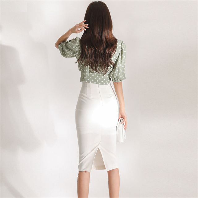 CM-SF040603 Women Elegant Seoul Style Dots Puff Sleeve Blouse With Slim Midi Skirt - Set