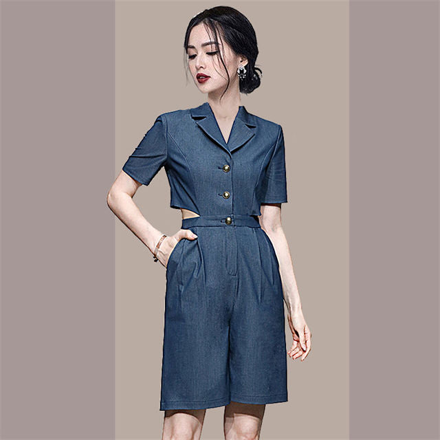 CM-JF040607 Women Preppy European Style Shirt Collar Backless Mid-Length Jumpsuit