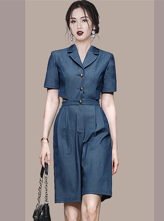 CM-JF040607 Women Preppy European Style Shirt Collar Backless Mid-Length Jumpsuit