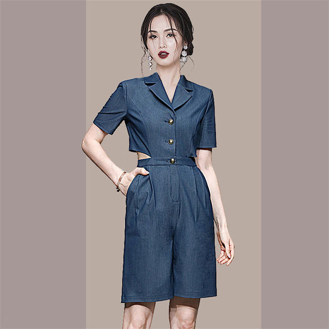 CM-JF040607 Women Preppy European Style Shirt Collar Backless Mid-Length Jumpsuit