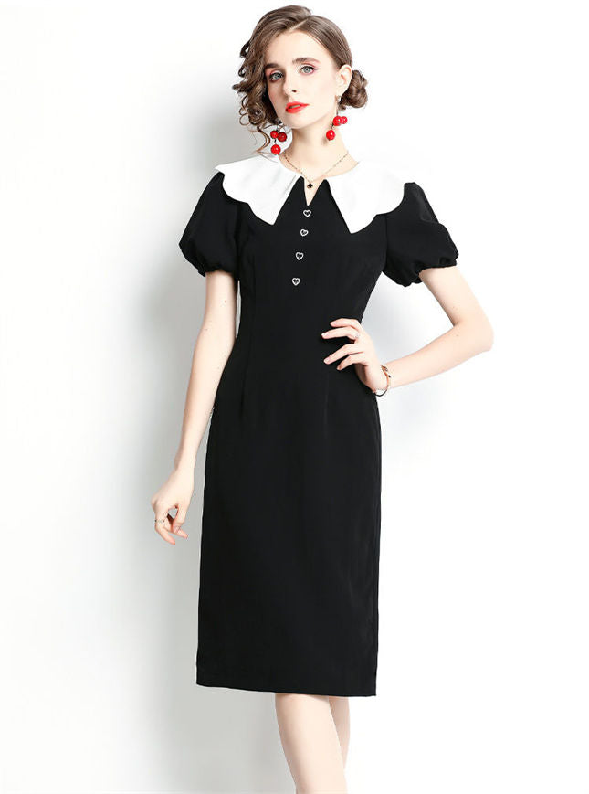 CM-DF040906 Women Elegant European Style Doll Collar High Waist Puff Sleeve Bodycon Dress