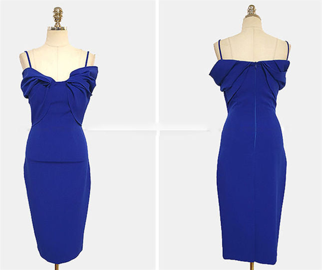 CM-DF041406 Women Elegant Seoul Style Boat Neck Fitted Waist Skinny Tank Dress - Blue