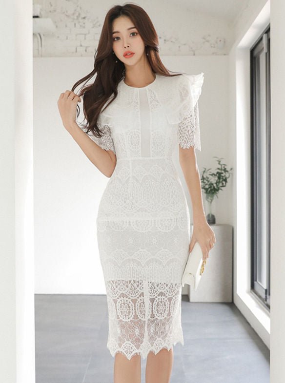 CM-DF041703 Women Charming Seoul Style Flouncing Shoulder Lace Short Sleeve Dress