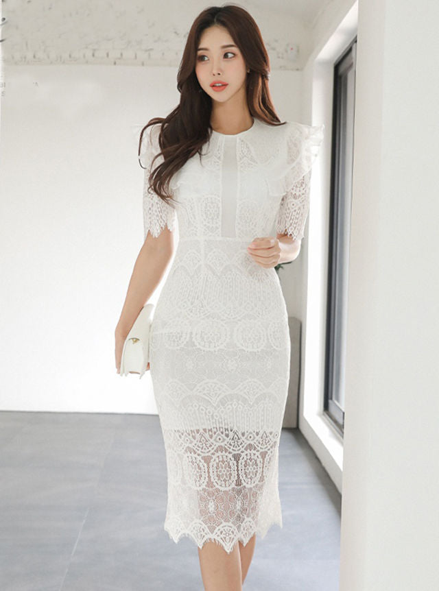 CM-DF041703 Women Charming Seoul Style Flouncing Shoulder Lace Short Sleeve Dress
