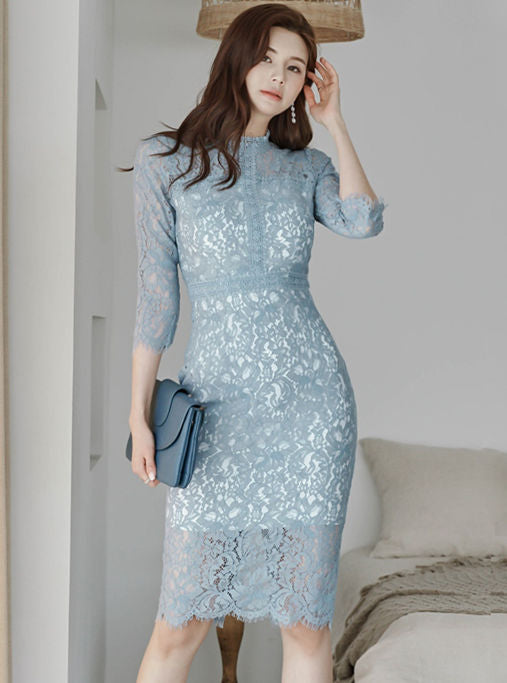 CM-DF041704 Women Elegant Seoul Style High Waist Lace Floral Bodycon Dress