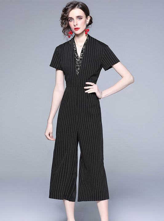 CM-JF041803 Women Casual European Style Rhinestones V-Neck Stripes Wide-Leg Jumpsuit