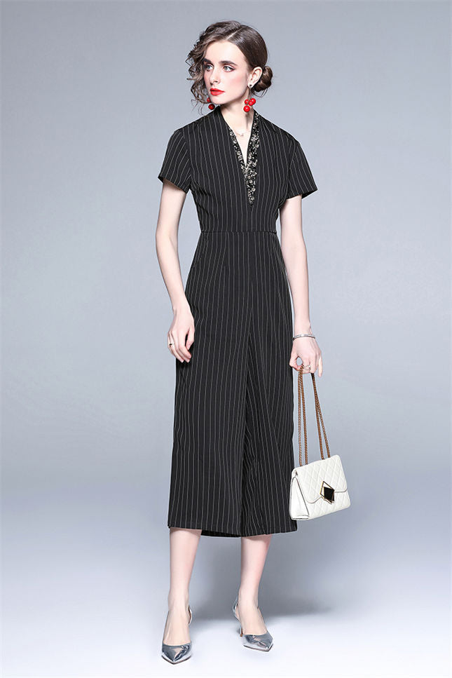 CM-JF041803 Women Casual European Style Rhinestones V-Neck Stripes Wide-Leg Jumpsuit