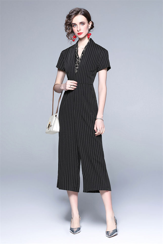 CM-JF041803 Women Casual European Style Rhinestones V-Neck Stripes Wide-Leg Jumpsuit