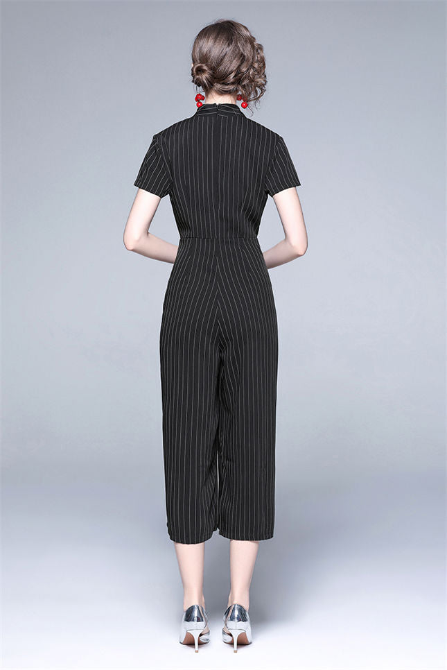 CM-JF041803 Women Casual European Style Rhinestones V-Neck Stripes Wide-Leg Jumpsuit