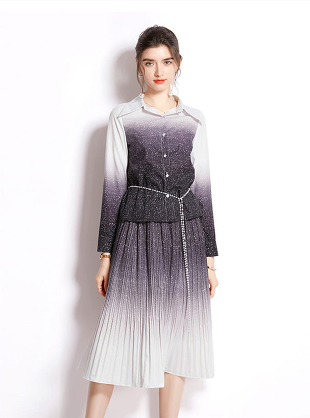 CM-SF042008 Women Elegant European Style Starry Blouse With Pleated A-Line Long Skirt - Set