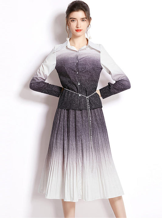 CM-SF042008 Women Elegant European Style Starry Blouse With Pleated A-Line Long Skirt - Set