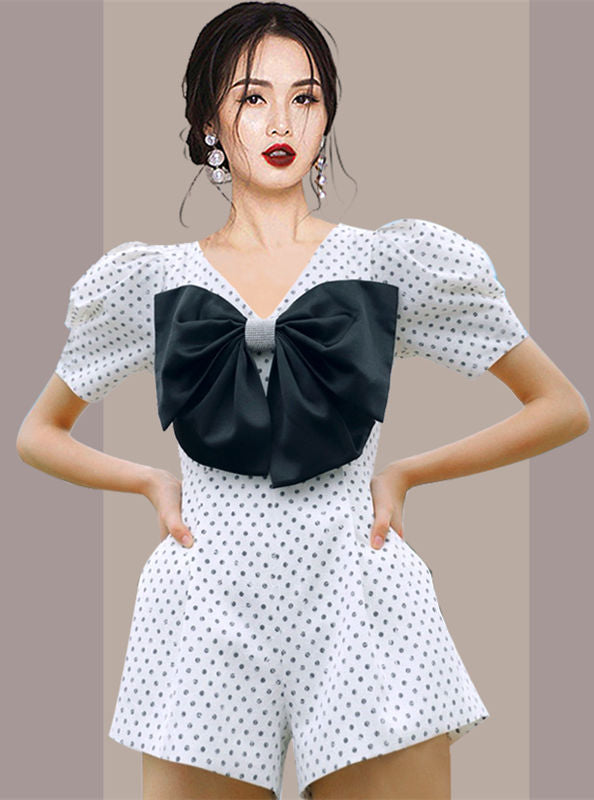 CM-JF042306 Women Preppy European Style Bowknot V-Neck Dots Puff Sleeve Jumpsuit