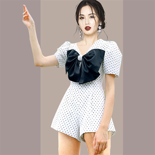 CM-JF042306 Women Preppy European Style Bowknot V-Neck Dots Puff Sleeve Jumpsuit