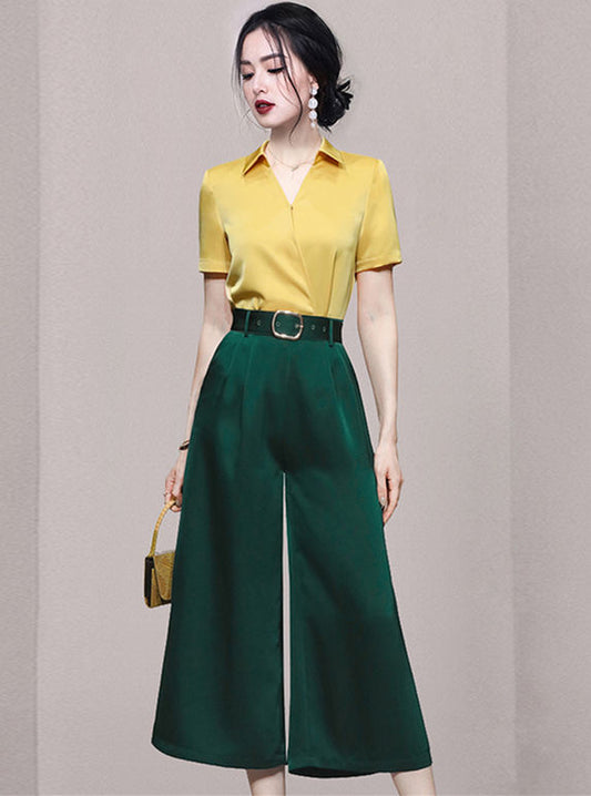 CM-SF042309 Women Elegant European Style Collar Blouse With High Waist Wide-Leg Pants - Set