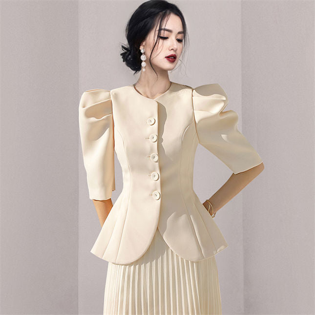 CM-SF042603 Women Elegant Seoul Style Single-Breasted Puff Sleeve Pleated Dress Set