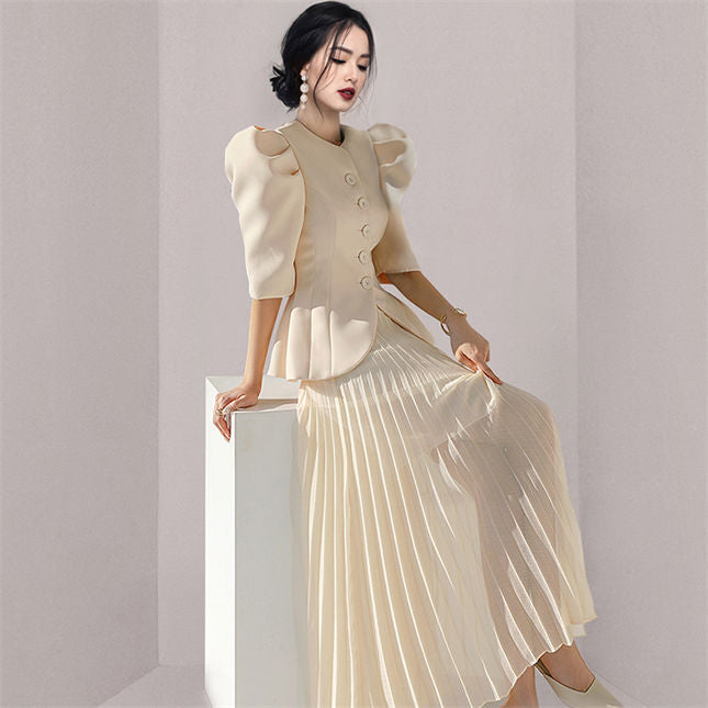 CM-SF042603 Women Elegant Seoul Style Single-Breasted Puff Sleeve Pleated Dress Set