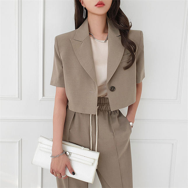 CM-SF042608 Women Casual Seoul Style Tailored Collar Short Jacket With Elastic Waist Pants - Set