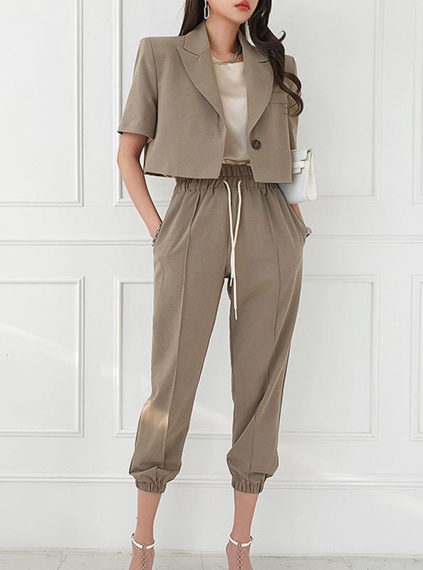 CM-SF042608 Women Casual Seoul Style Tailored Collar Short Jacket With Elastic Waist Pants - Set