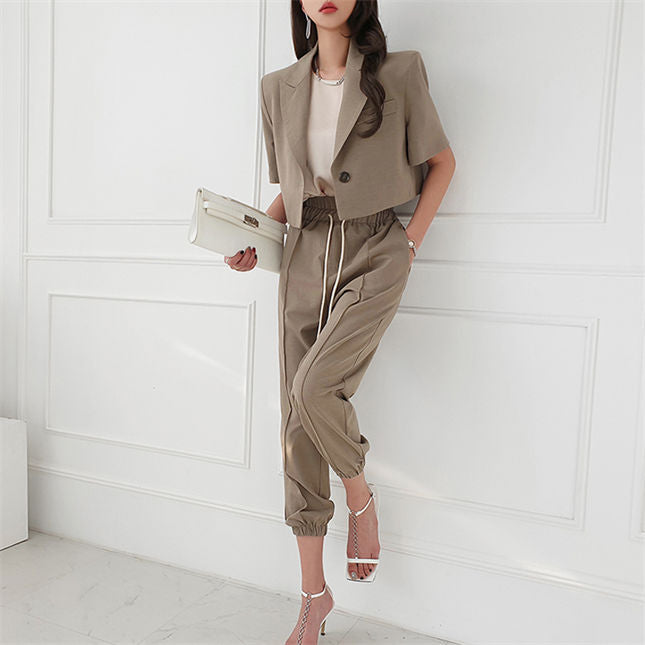 CM-SF042608 Women Casual Seoul Style Tailored Collar Short Jacket With Elastic Waist Pants - Set