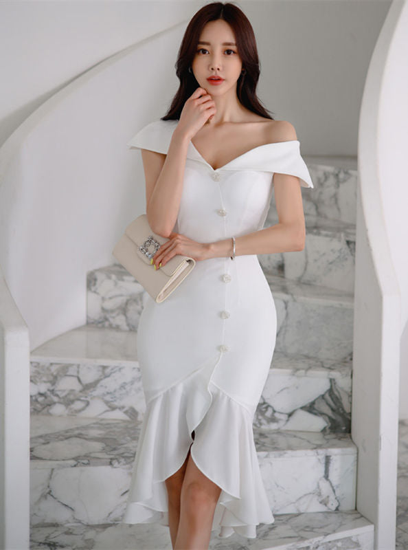 CM-DF050602 Women Elegant Seoul Style Off Shoulder Single-Breasted Fishtail Slim Dress