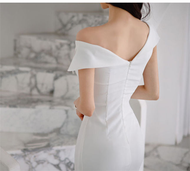 CM-DF050602 Women Elegant Seoul Style Off Shoulder Single-Breasted Fishtail Slim Dress