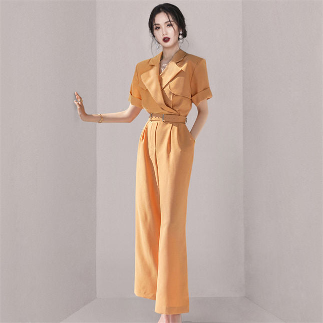 CM-JF050603 Women Casual European Style High Waist Tailored Collar Long Jumpsuit