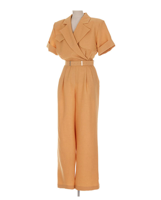 CM-JF050603 Women Casual European Style High Waist Tailored Collar Long Jumpsuit