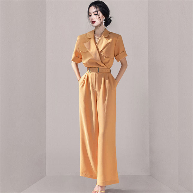 CM-JF050603 Women Casual European Style High Waist Tailored Collar Long Jumpsuit