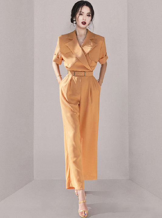 CM-JF050603 Women Casual European Style High Waist Tailored Collar Long Jumpsuit