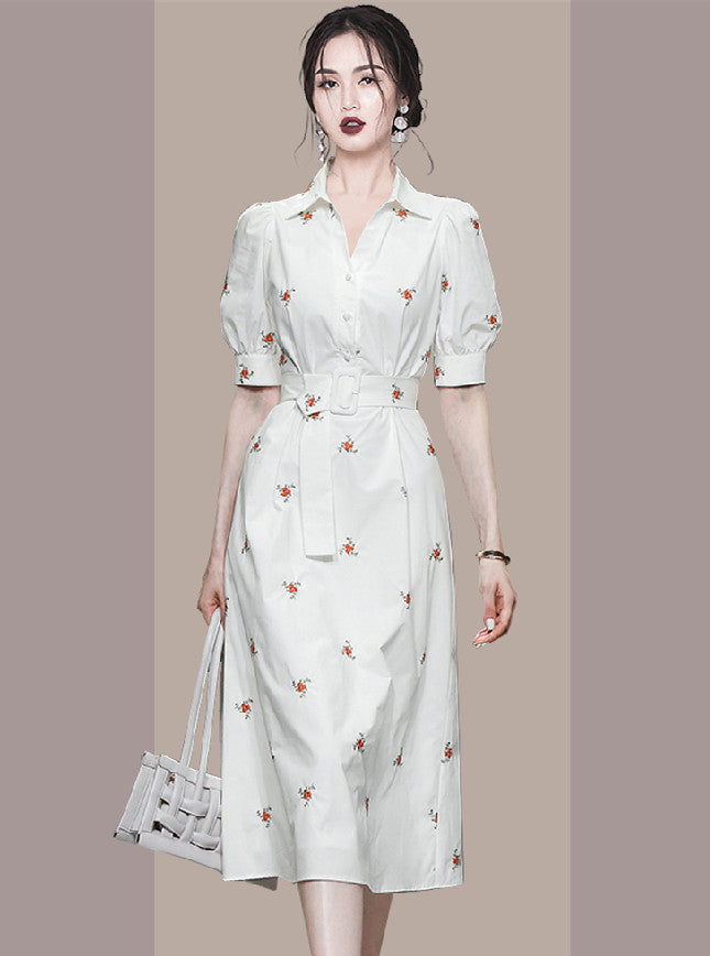 CM-DF050907 Women Casual European Style Belt Waist Floral Embroidery A-Line Dress