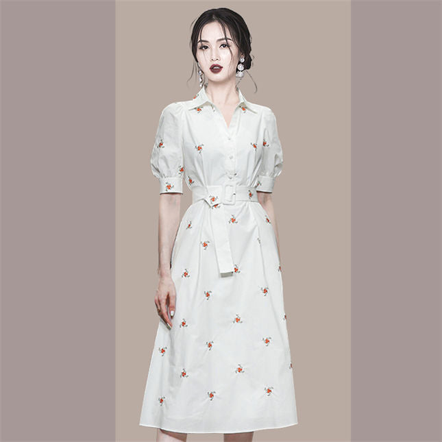 CM-DF050907 Women Casual European Style Belt Waist Floral Embroidery A-Line Dress