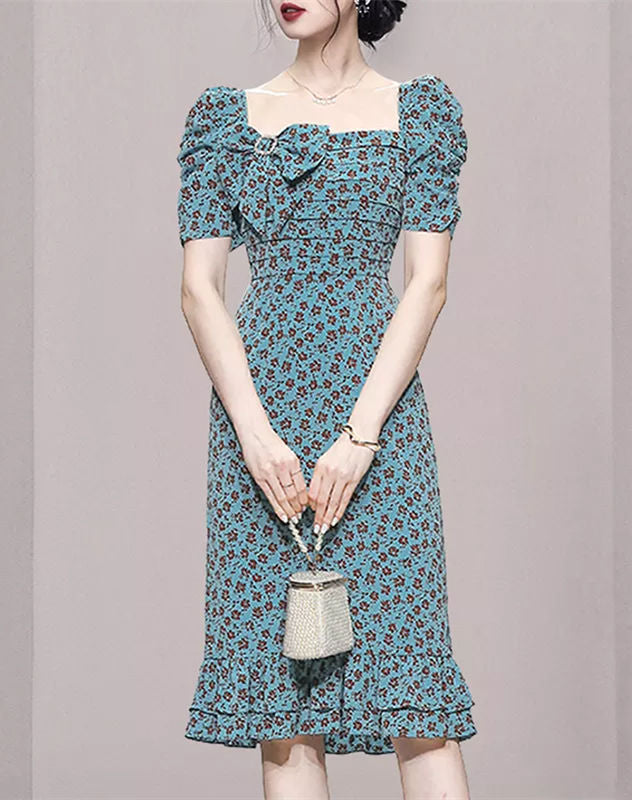 CM-DF050909 Women Charming European Style Bowknot Square Collar Fishtail Floral Dress