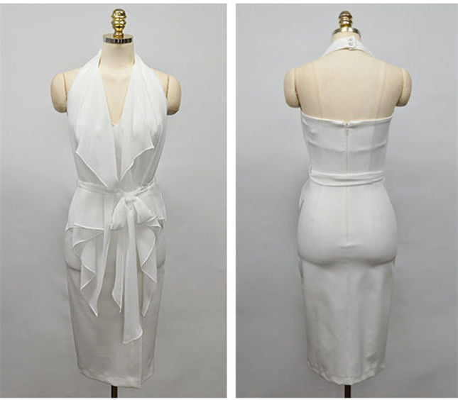 CM-DF051203 Women Casual Seoul Style V-Neck Flouncing Tie Waist Backless Halter Dress