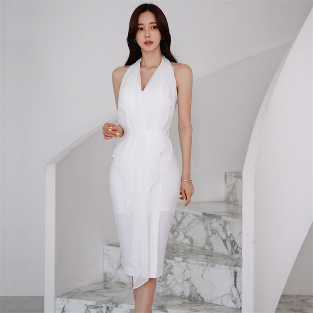 CM-DF051203 Women Casual Seoul Style V-Neck Flouncing Tie Waist Backless Halter Dress