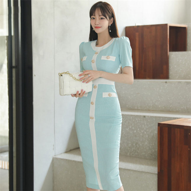 CM-DF051205 Women Preppy Seoul Style Single-Breasted Plaids Bodycon Dress - Light Blue