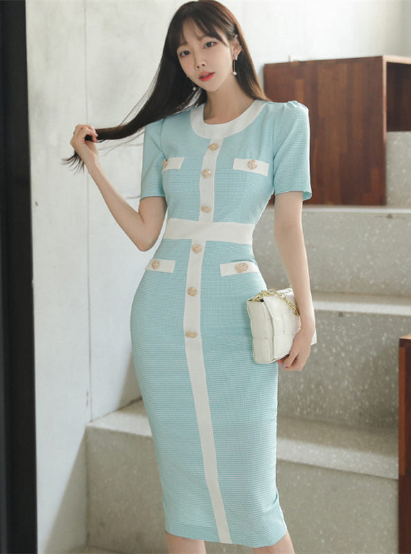 CM-DF051205 Women Preppy Seoul Style Single-Breasted Plaids Bodycon Dress - Light Blue