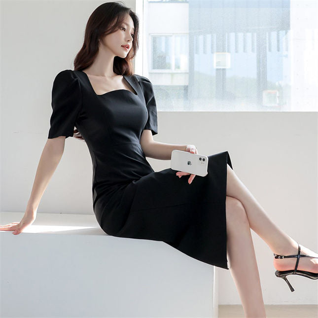 CM-DF051208 Women Casual Seoul Style Square Collar Puff Sleeve Bodycon Dress (Available in 2 colors)