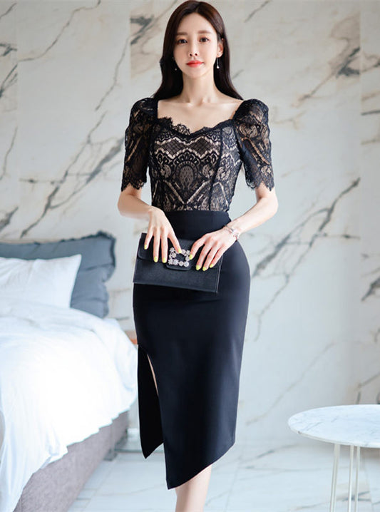 CM-SF051210 Women Elegant Seoul Style Square Collar Lace Blouse With Split Midi Skirt - Set