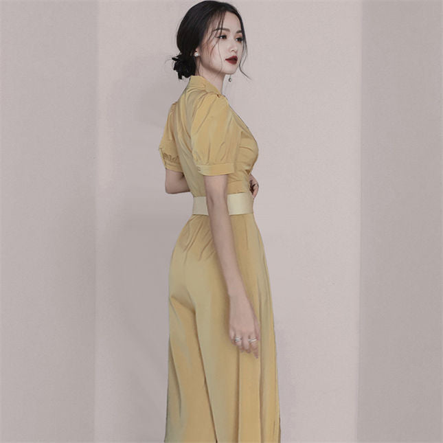 CM-JF051606 Women Casual European Style Belt Waist V-Neck Wide-Leg Long Jumpsuit