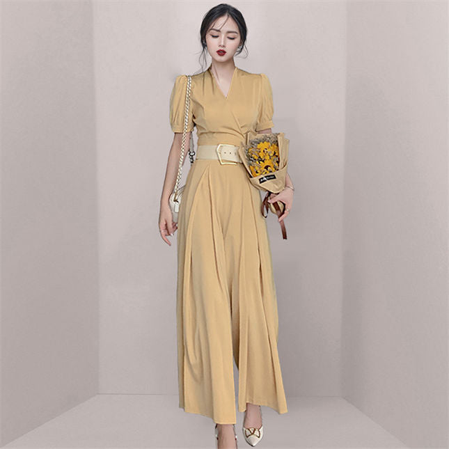 CM-JF051606 Women Casual European Style Belt Waist V-Neck Wide-Leg Long Jumpsuit