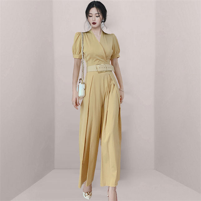 CM-JF051606 Women Casual European Style Belt Waist V-Neck Wide-Leg Long Jumpsuit
