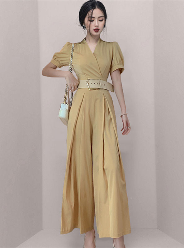 CM-JF051606 Women Casual European Style Belt Waist V-Neck Wide-Leg Long Jumpsuit