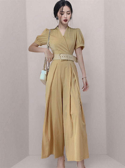 CM-JF051606 Women Casual European Style Belt Waist V-Neck Wide-Leg Long Jumpsuit