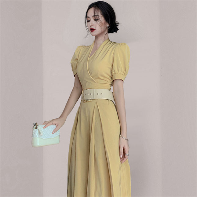 CM-JF051606 Women Casual European Style Belt Waist V-Neck Wide-Leg Long Jumpsuit