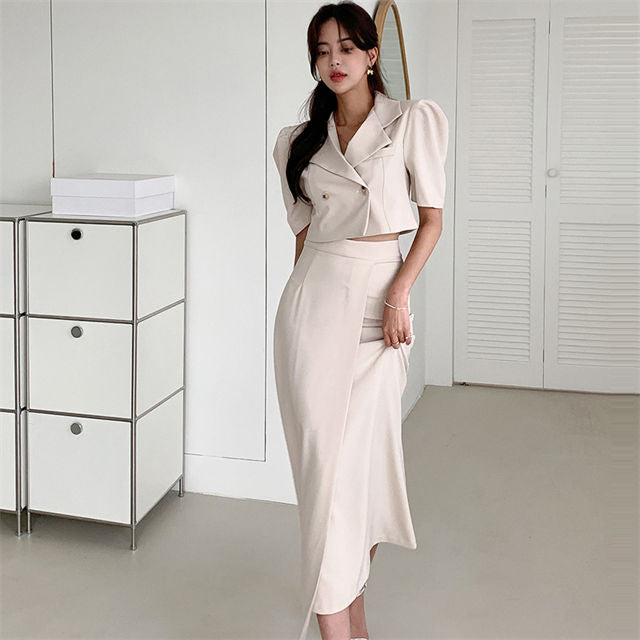 CM-SF051905 Women Casual Seoul Style Tailored Collar High Waist Slim Long Dress Set